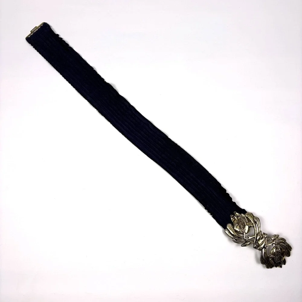 VTG 80s Waist Cincher Floral Buckle Belt Gold Hardware Navy Elastic Band‎ Boho
